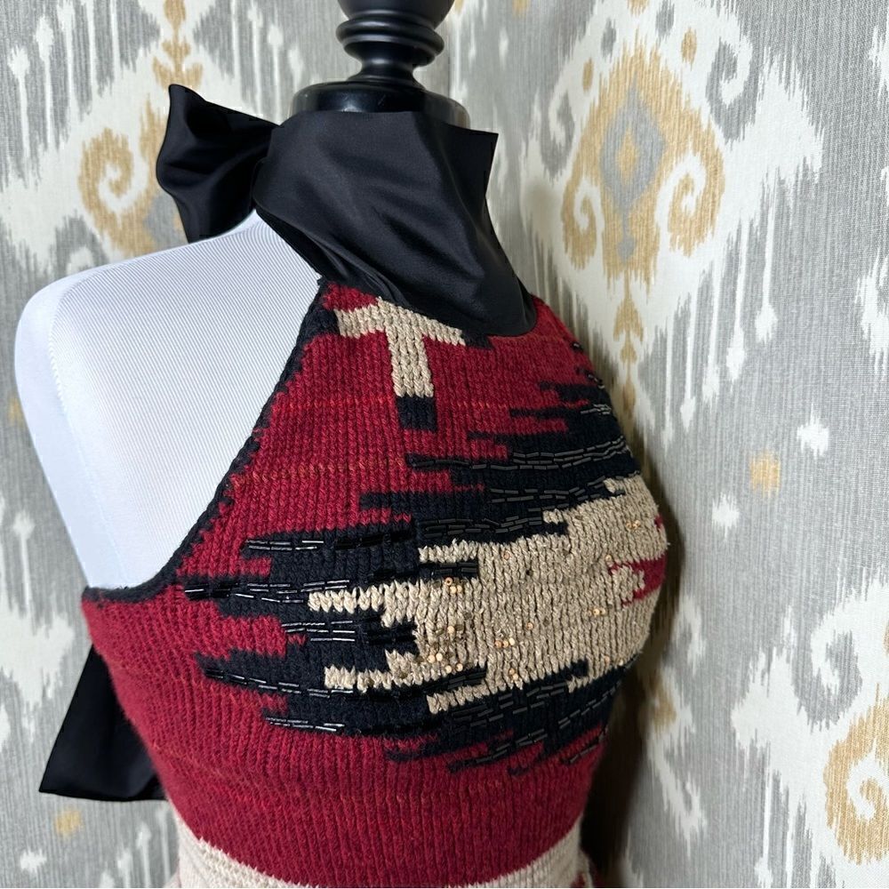 Ralph Lauren * 2011 Hand-Knit Red Beacon Blanket Beaded Halter with Silk Scarf - Picture 8 of 16
